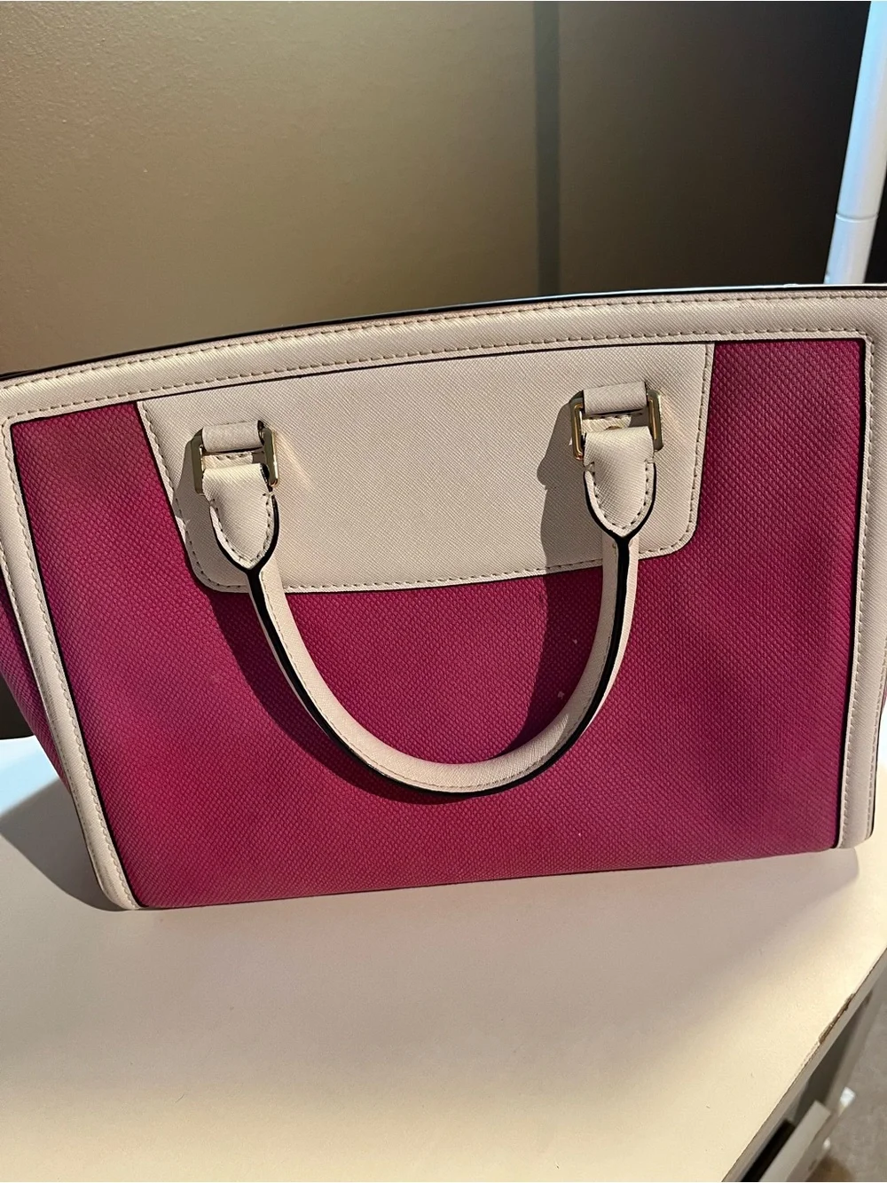 Michael Kors Pink Canvas White Leather Trim Satchel Bag